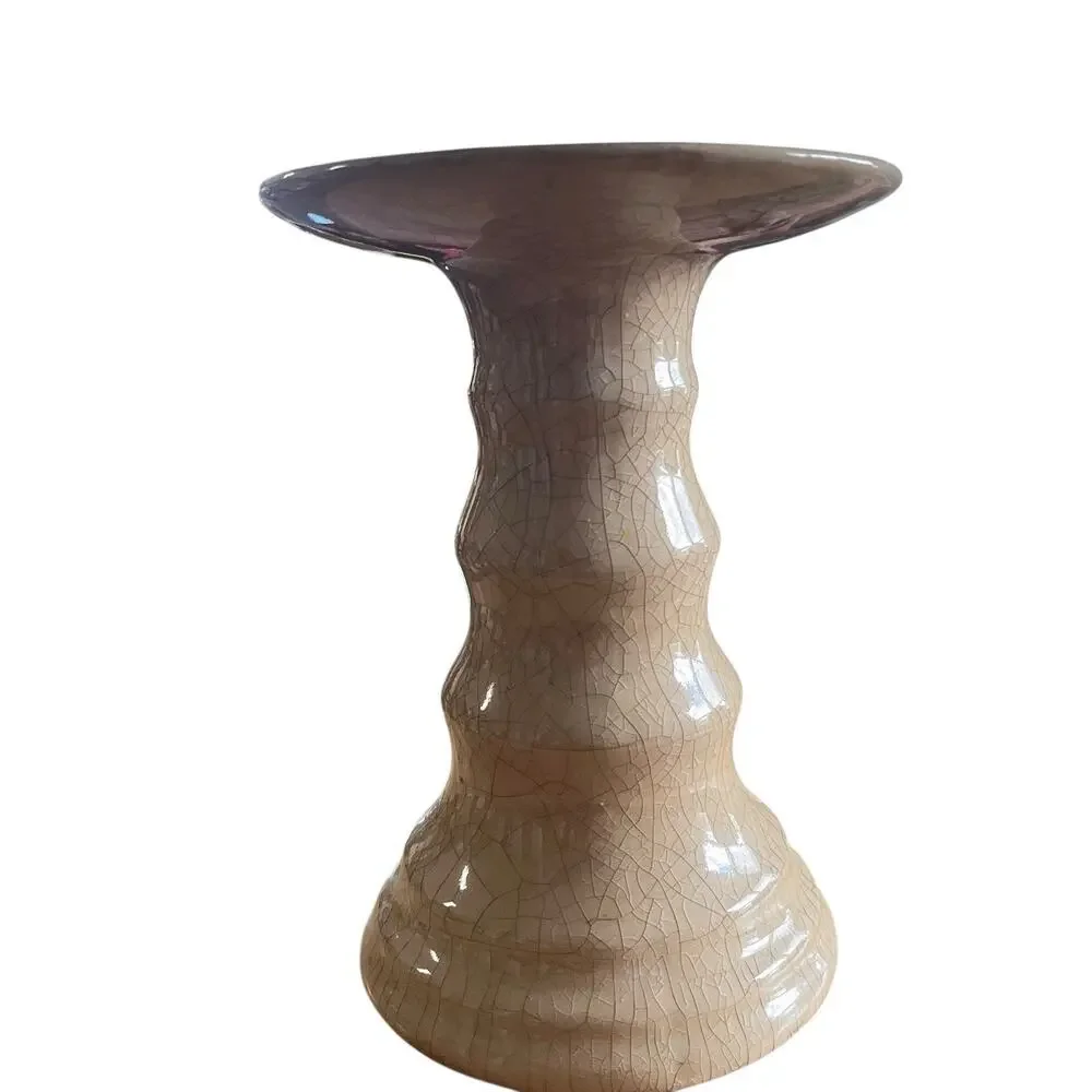 Ceramic Pillar Candle Holder Base Stand Pedestal Crackle Glaze Tan Retro Chic